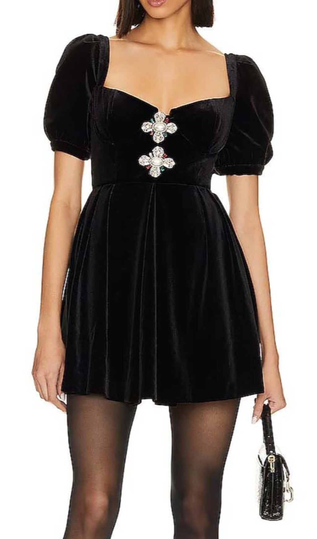 Puff Sleeve Velvet Mini Dress In Black