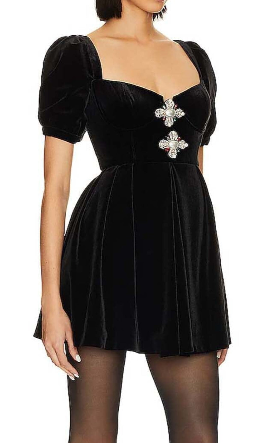 Puff Sleeve Velvet Mini Dress In Black