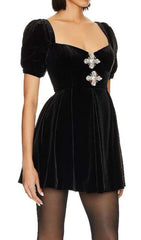 Puff Sleeve Velvet Mini Dress In Black