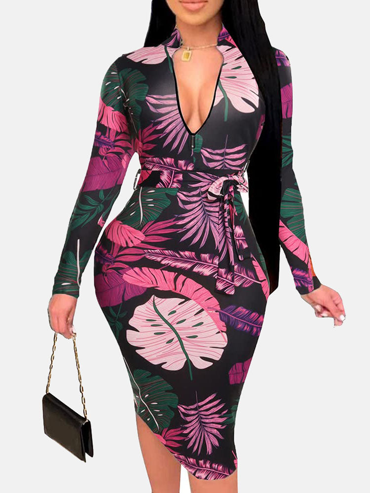 Zipper Print Pencil Midi Dress