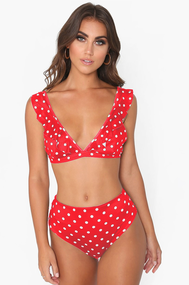 Polka Dot High Waist Ruffle Bikini