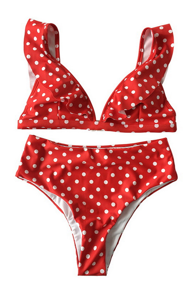 Polka Dot High Waist Ruffle Bikini