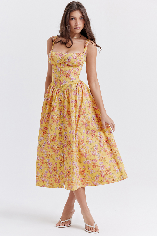 Tatiana Yellow Floral Print Midi Dress