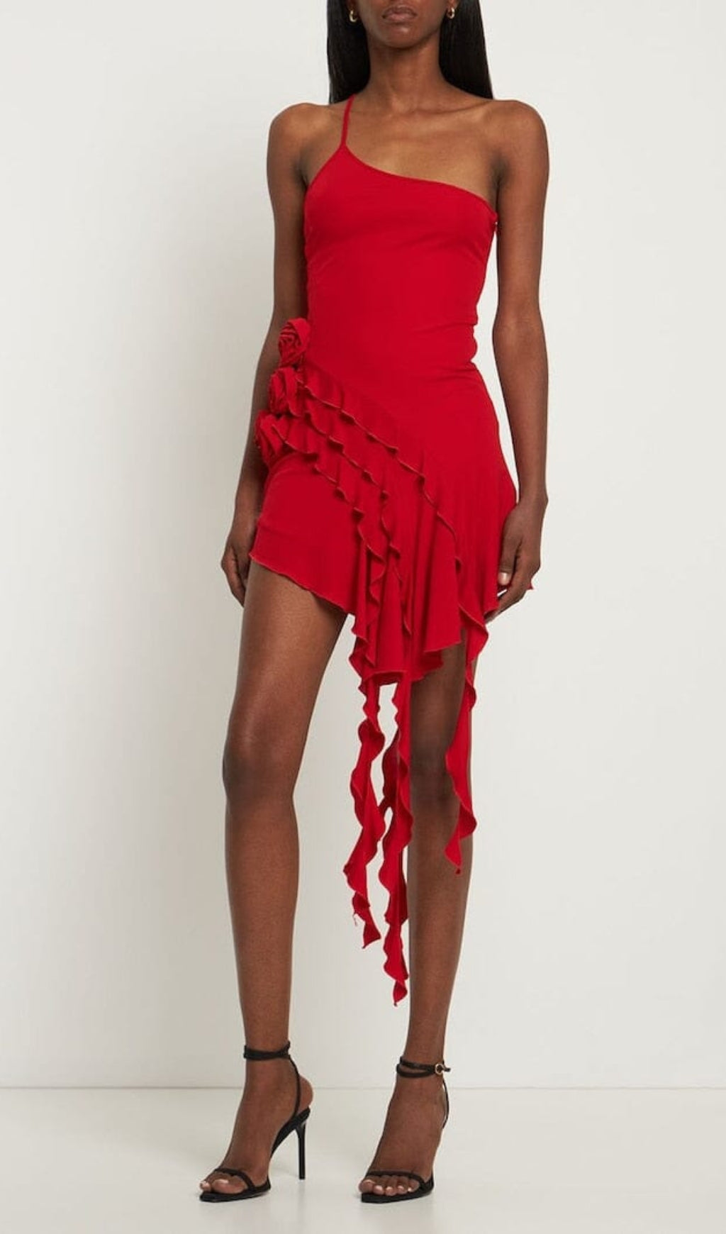 Rose-Detail Ruffled Mini Dress In Red