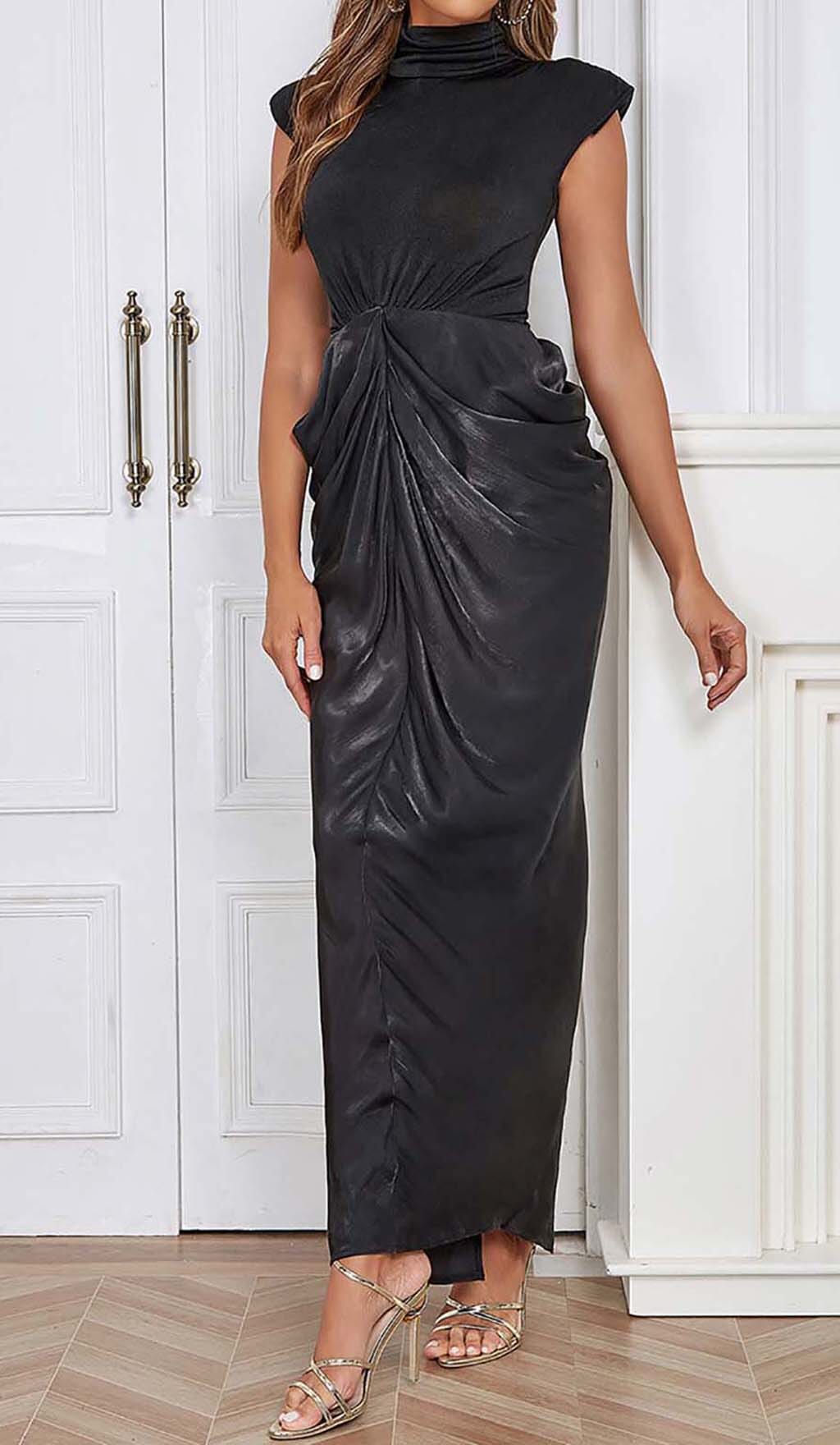 Ruched Off Sleeve Maxi Dress In Black