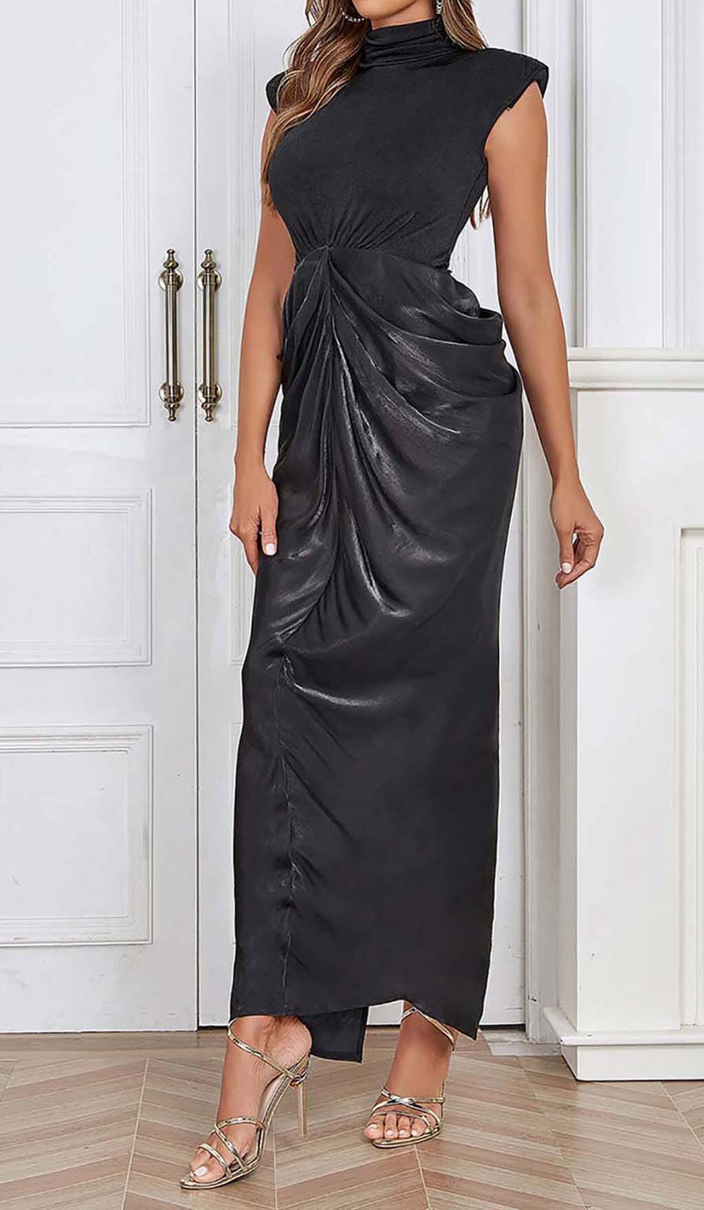 Ruched Off Sleeve Maxi Dress In Black