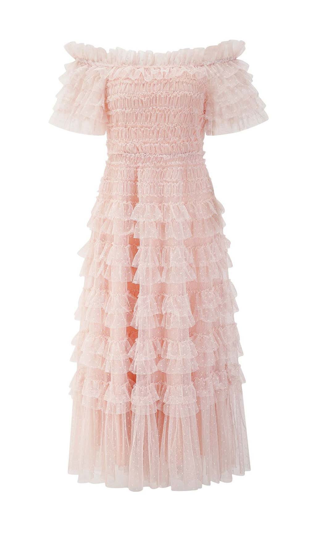 Ruffle Off Shoulder Tiered Midi Dress In Pink