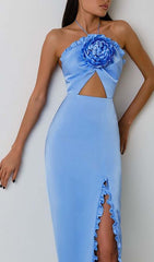 Ruffle Flower-EmbelliShed Midi Dress In Blue