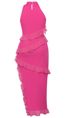 Ruffle Split Midi Dress In STRONG MAGeNTA