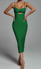 Green Hollow Bandage Midi Dress