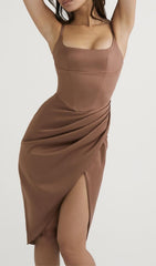 Satin Midi Dress In Brown