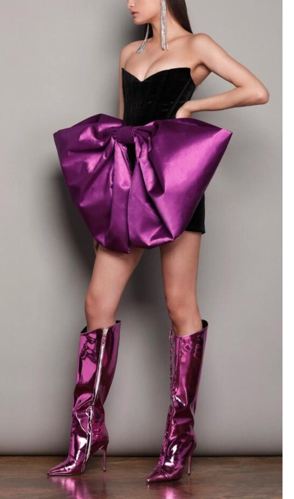 Satin Bow Mini Dress In Electric Purple