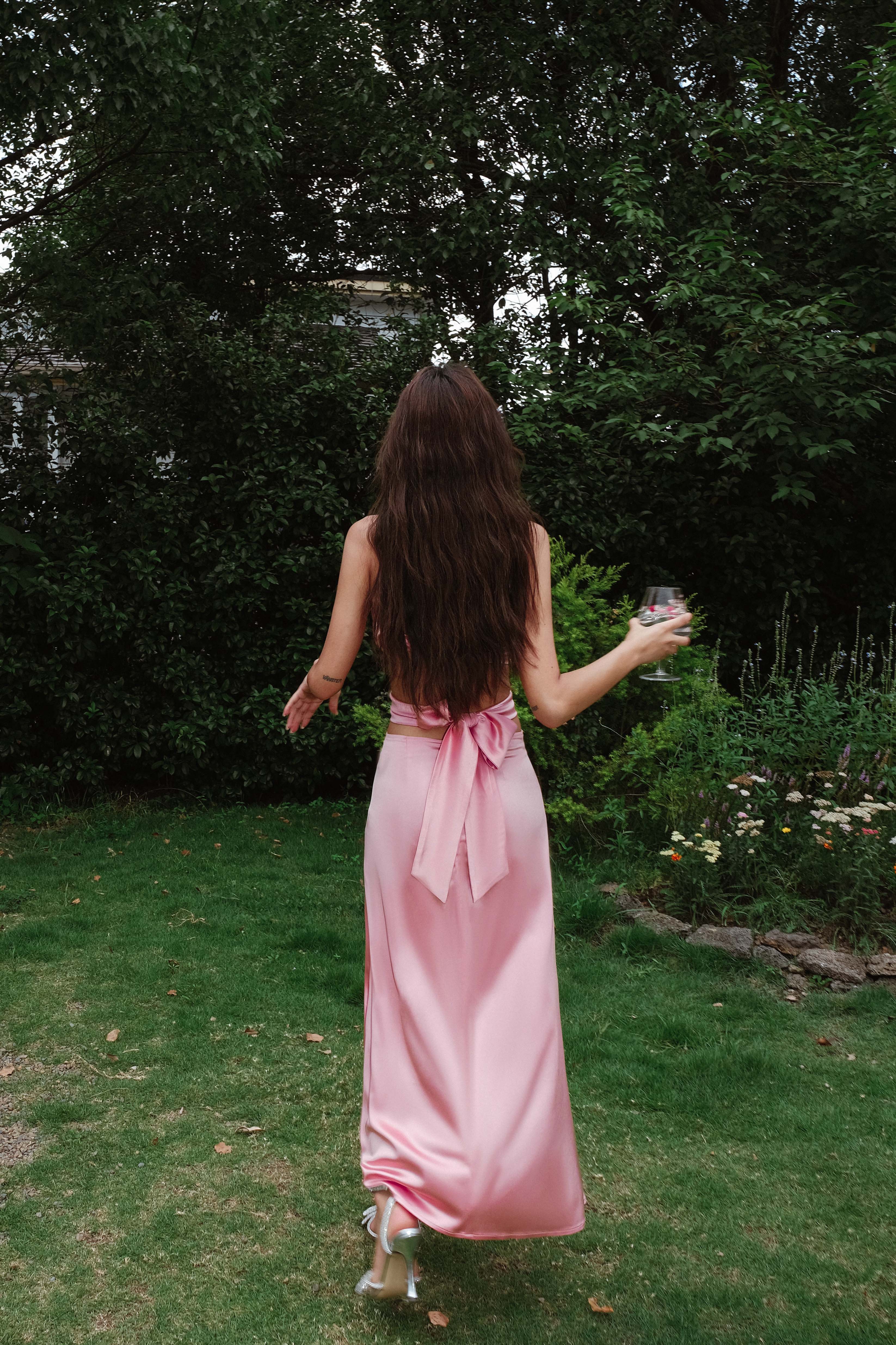 Satin Halter Cut Out Maxi Dress In Pink