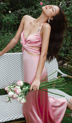 Satin Halter Cut Out Maxi Dress In Pink