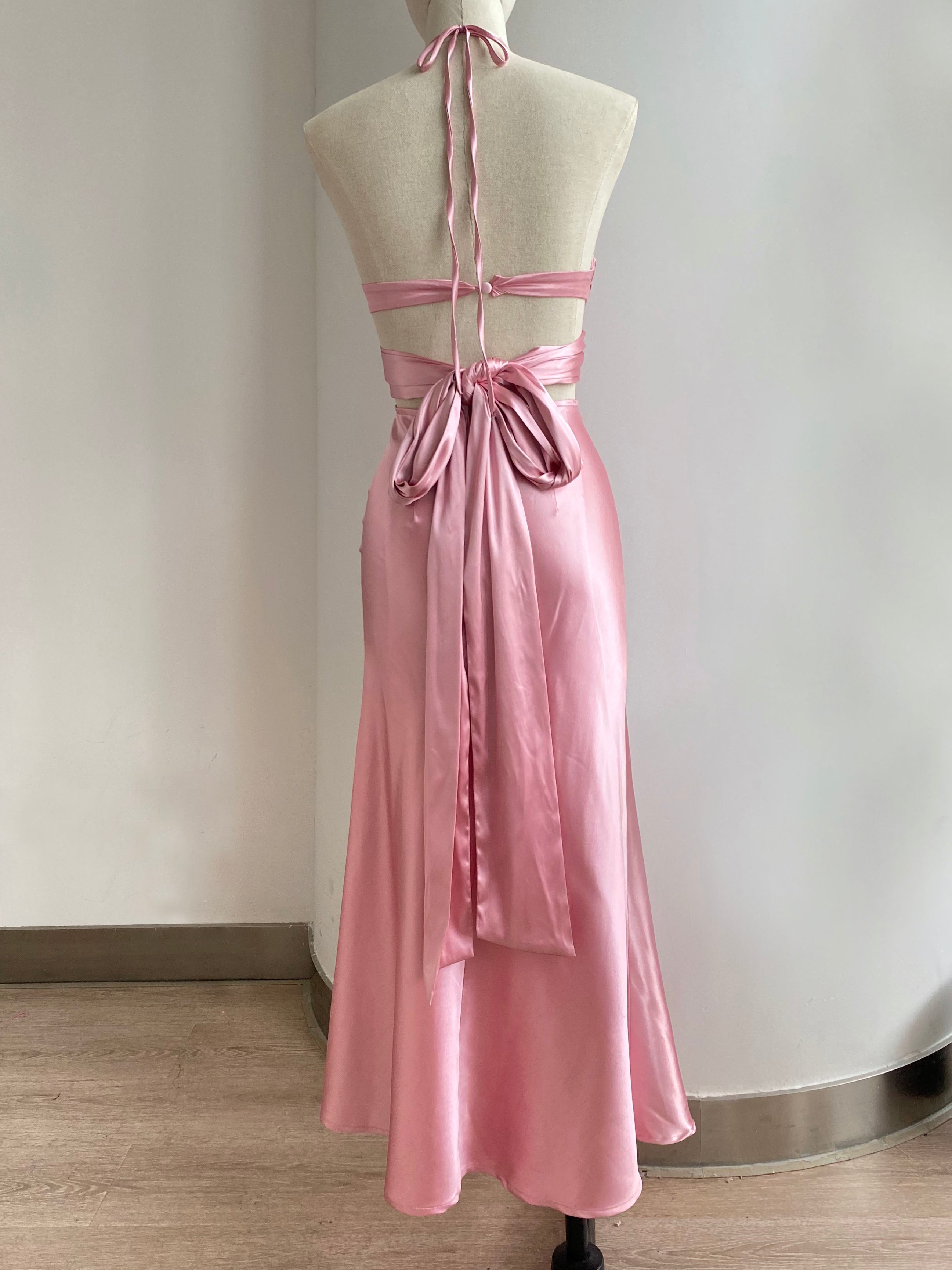 Satin Halter Cut Out Maxi Dress In Pink