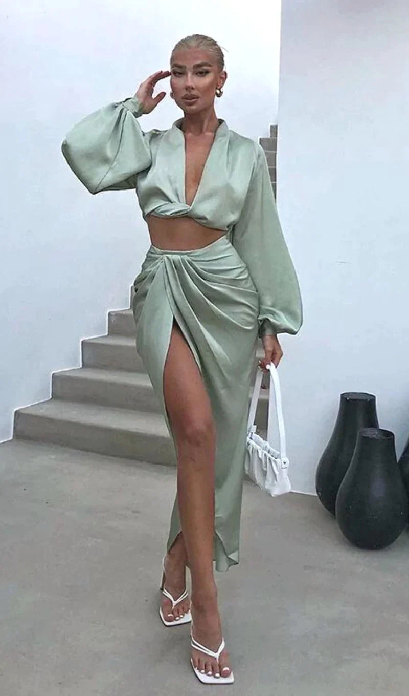 SilkY Satin Draped Two Piece Set In Green