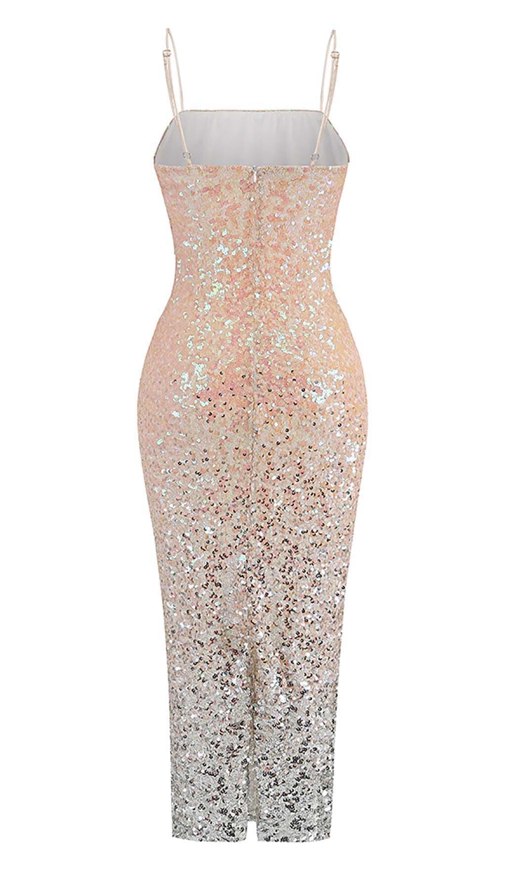 Spaghetti Strap Sequin Midi Dress In Ombre Pink