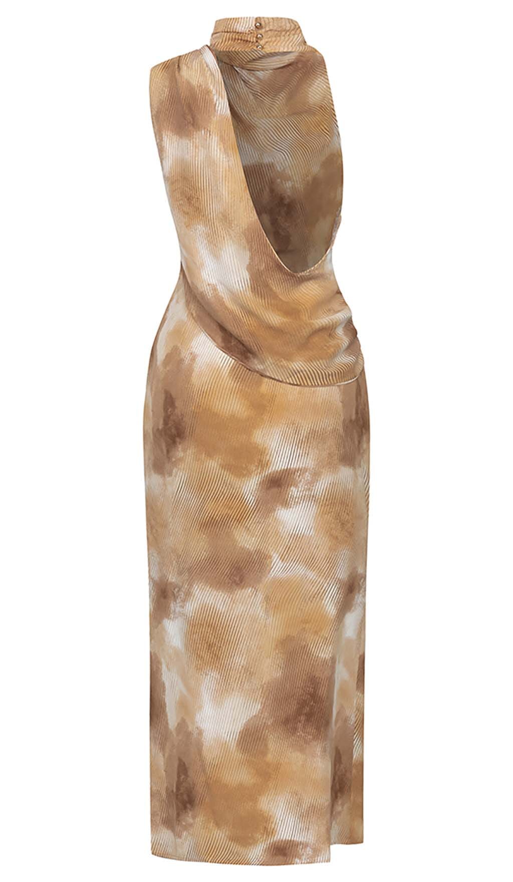 SPOT-Print Thigh Slit Midi Dress In Coffee BEANS