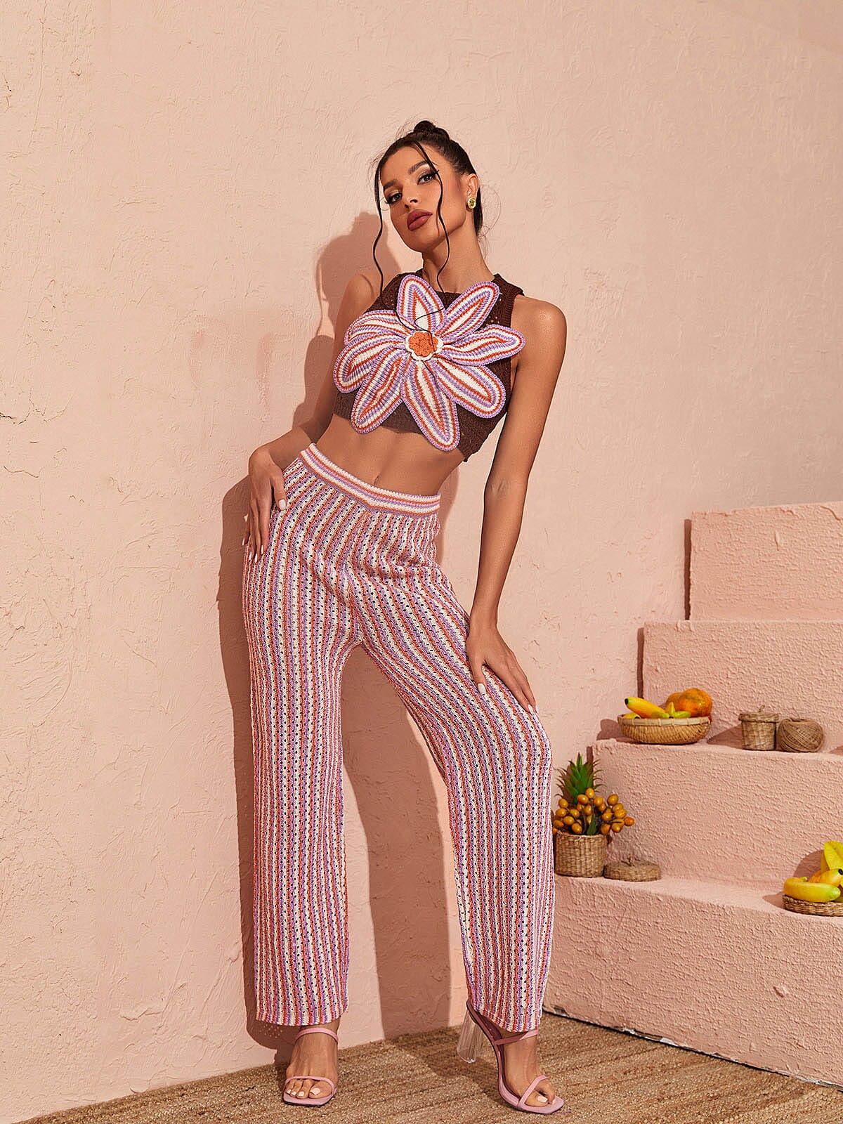 Floral Hollow Knitted Pants Set