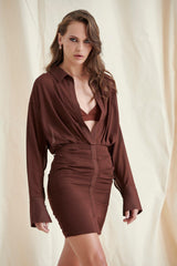 Brown Ruched Shirt Mini Dress