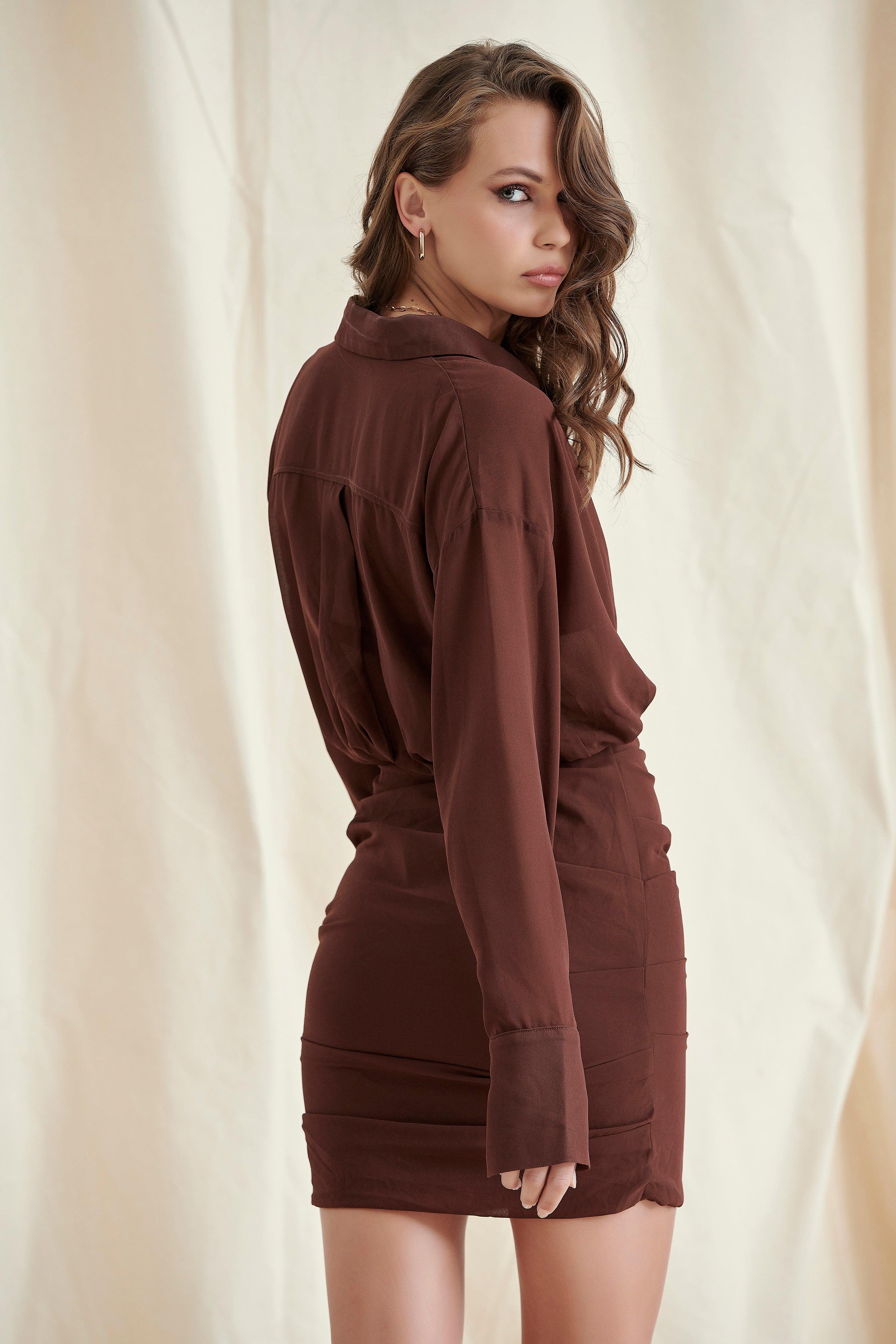 Brown Ruched Shirt Mini Dress