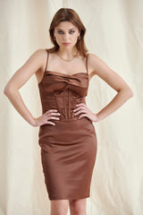 Chocolate Satin Ruched Corset Midi Dress