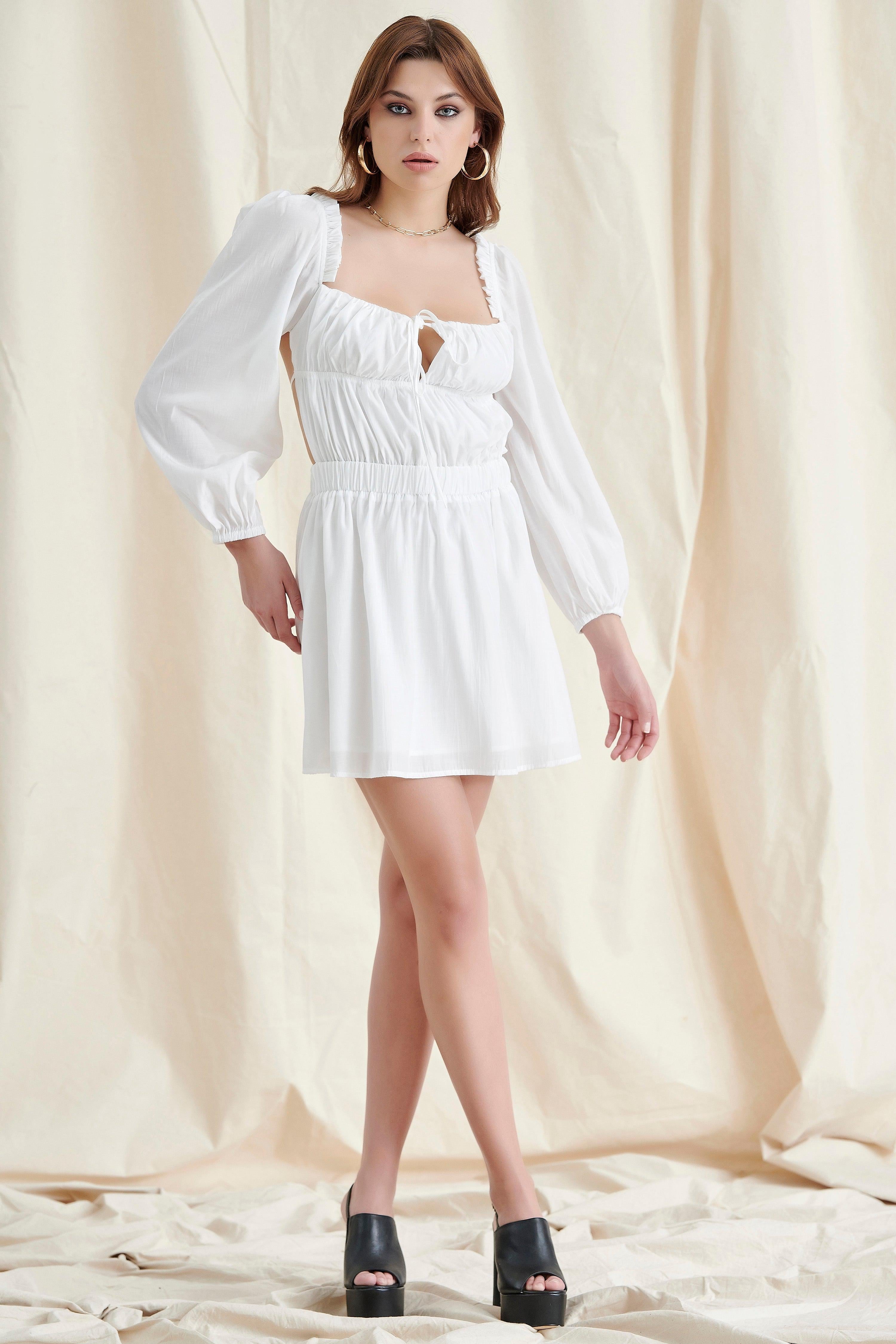 White Puff Sleeve Lace UP Mini Dress