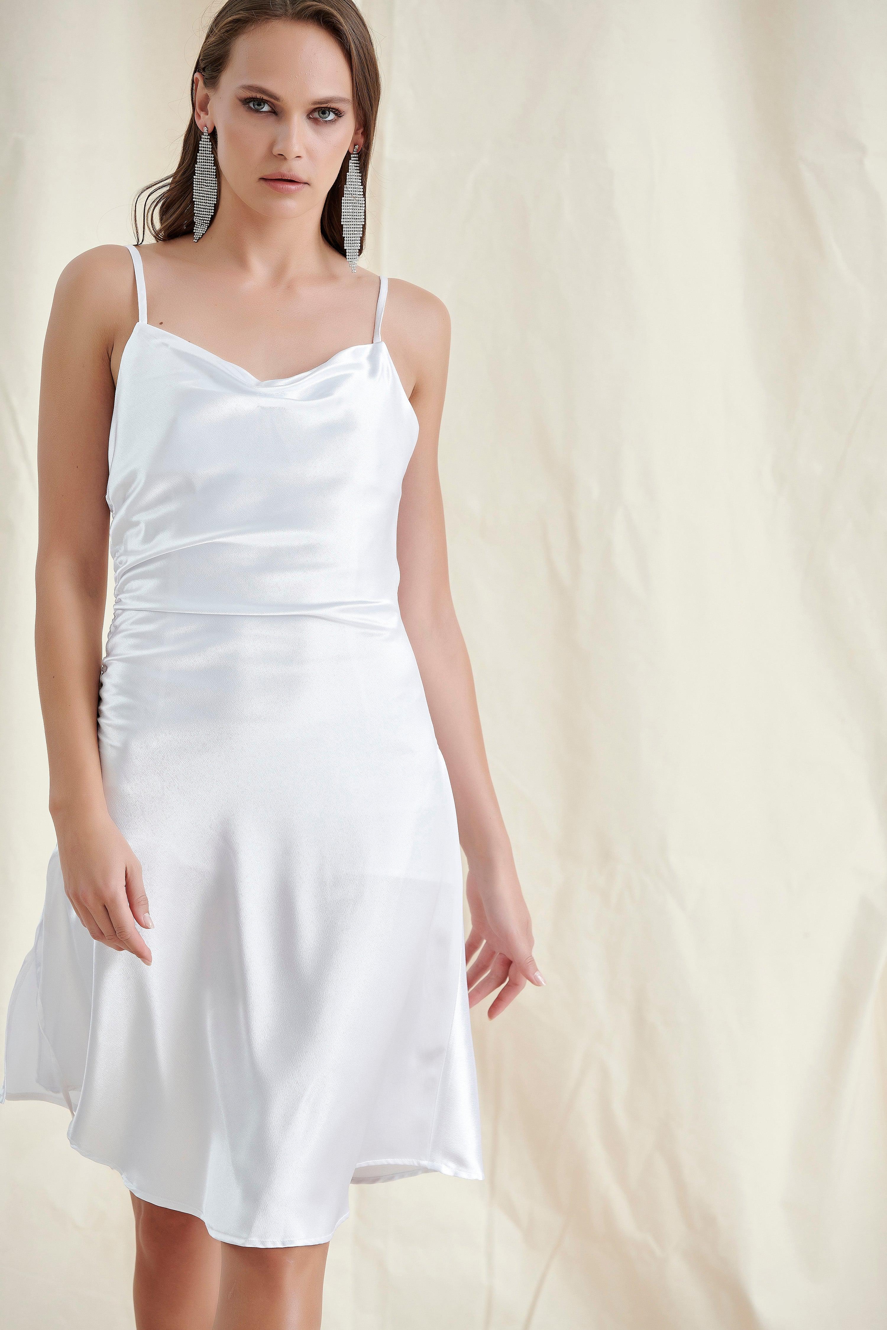 White Satin Ruched Midi Dress