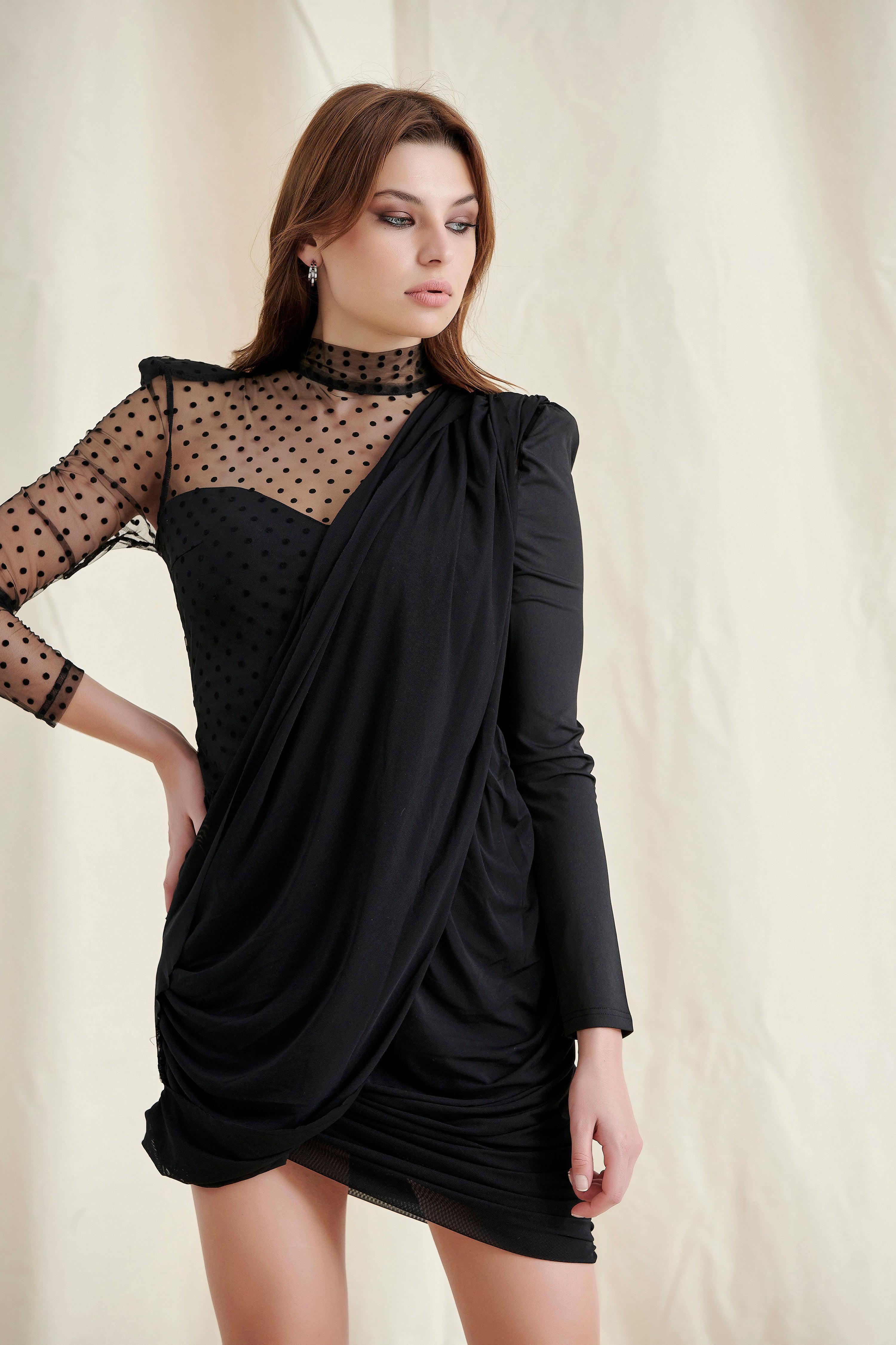 Black Long Sleeve Ruched Mini Dress