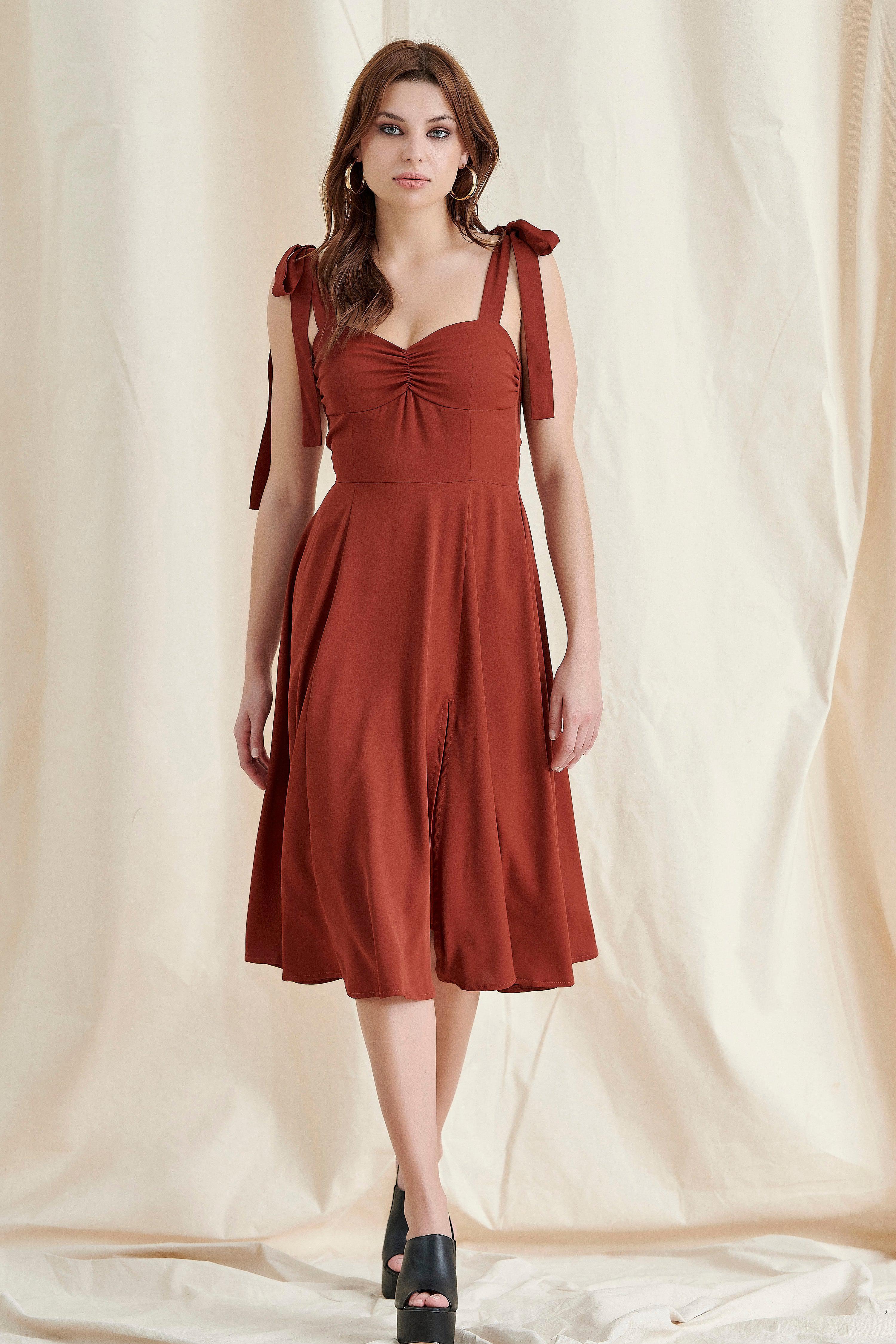 Brickred Shoulder Straps Midi Dress