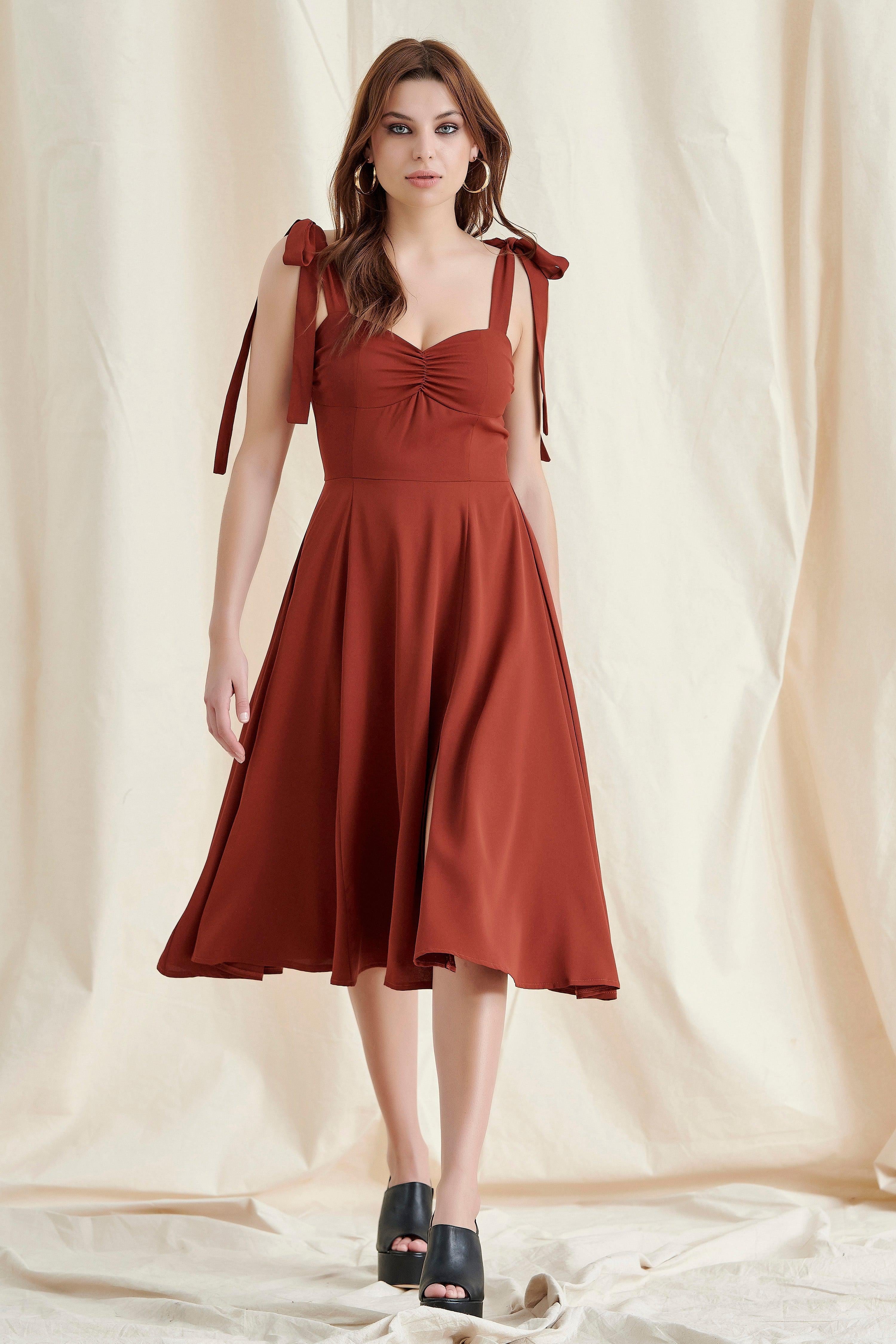 Brickred Shoulder Straps Midi Dress