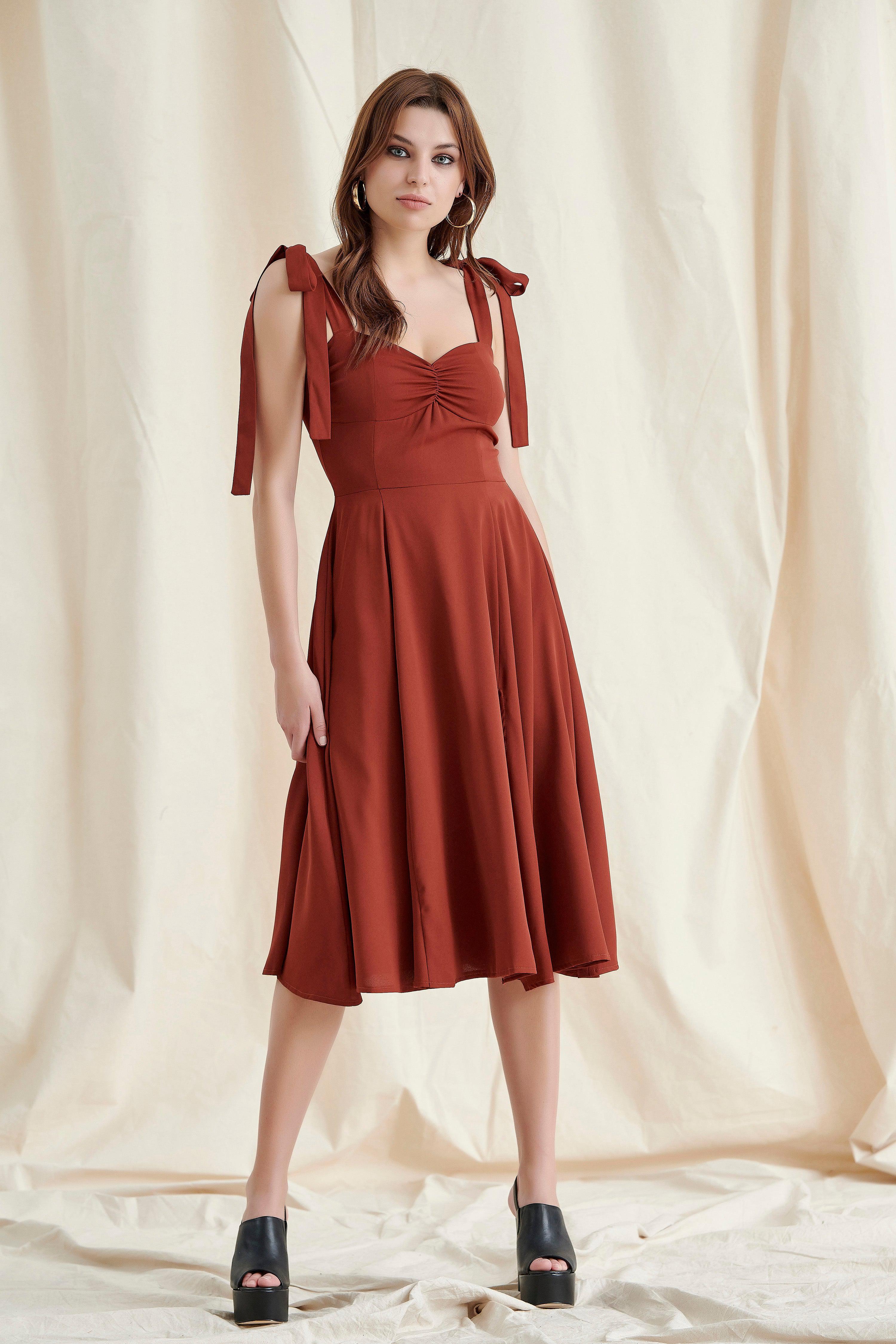 Brickred Shoulder Straps Midi Dress