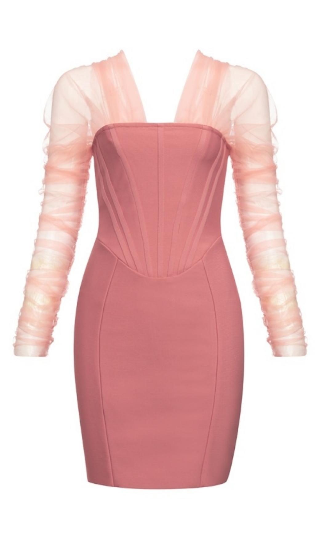 Off Shoulder Mesh Mini Dress In Pink