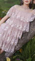 Tiered Lace Trim Midi Dress In Pink