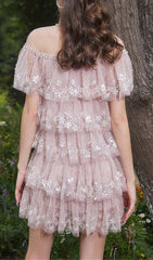 Tiered Lace Trim Midi Dress In Pink