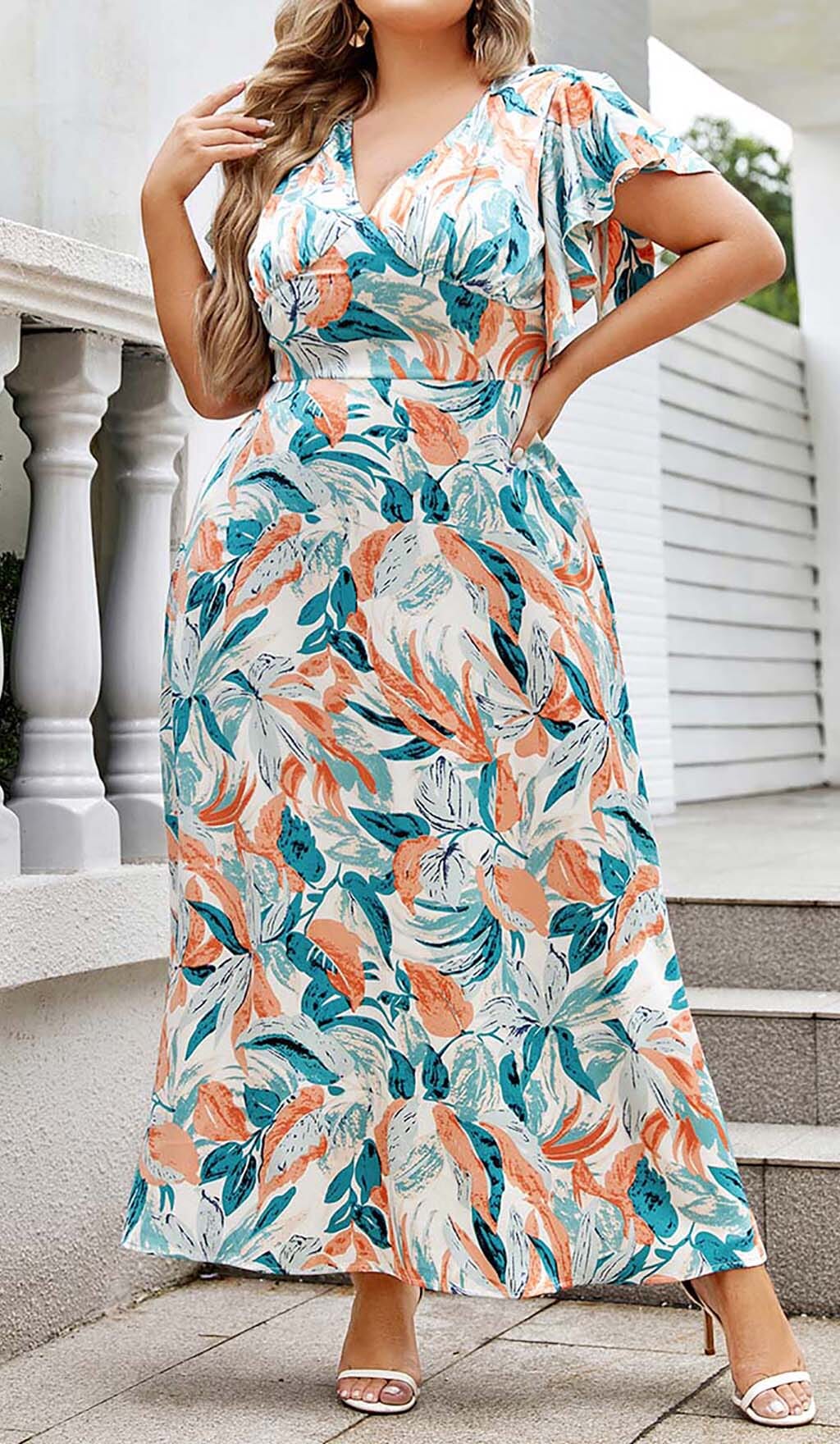 Tropical Print Butterfly Sleeve Midi Dress In MULTI Color