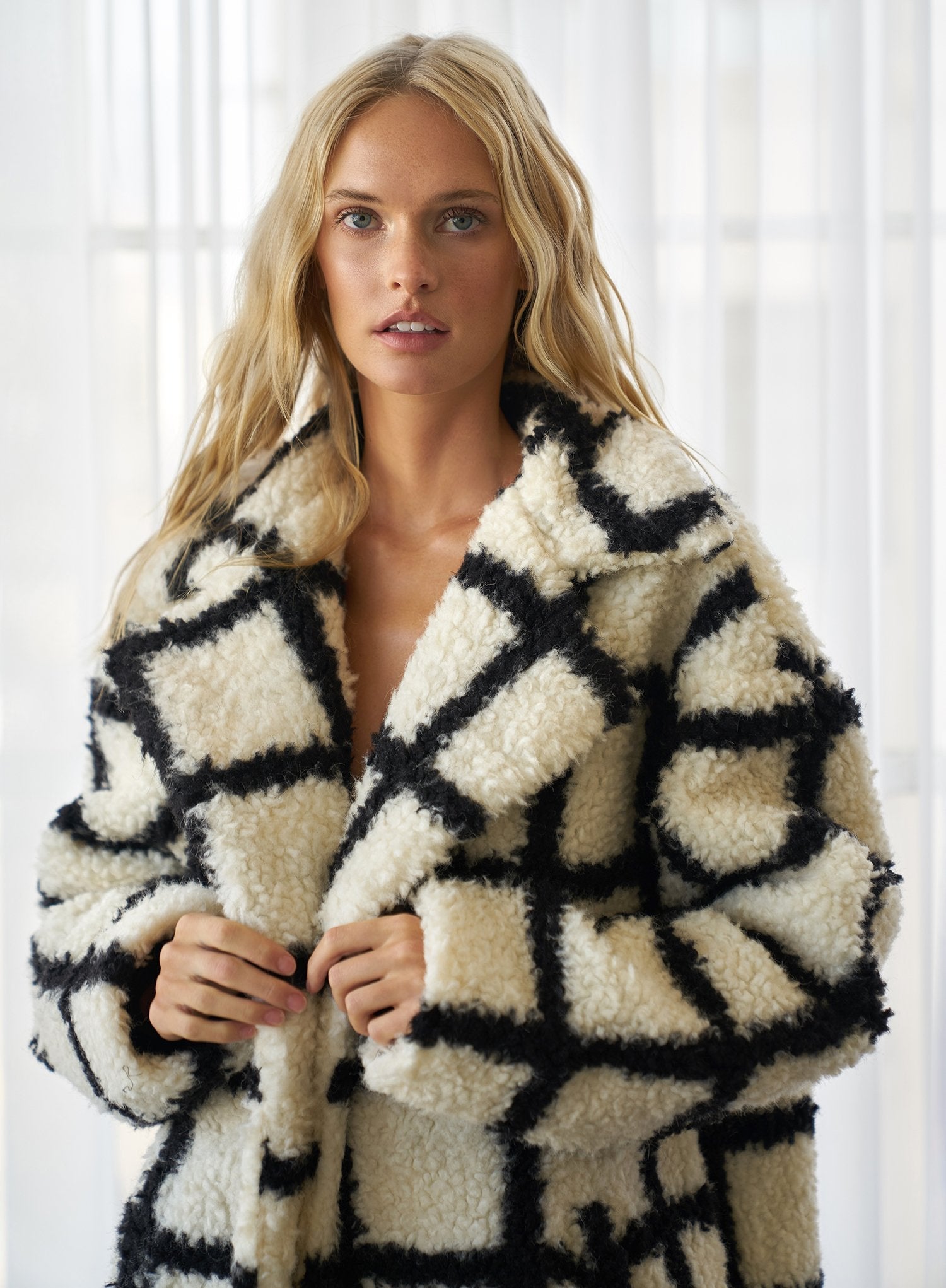 NIna Faux Fur Check Coat Cream And Black