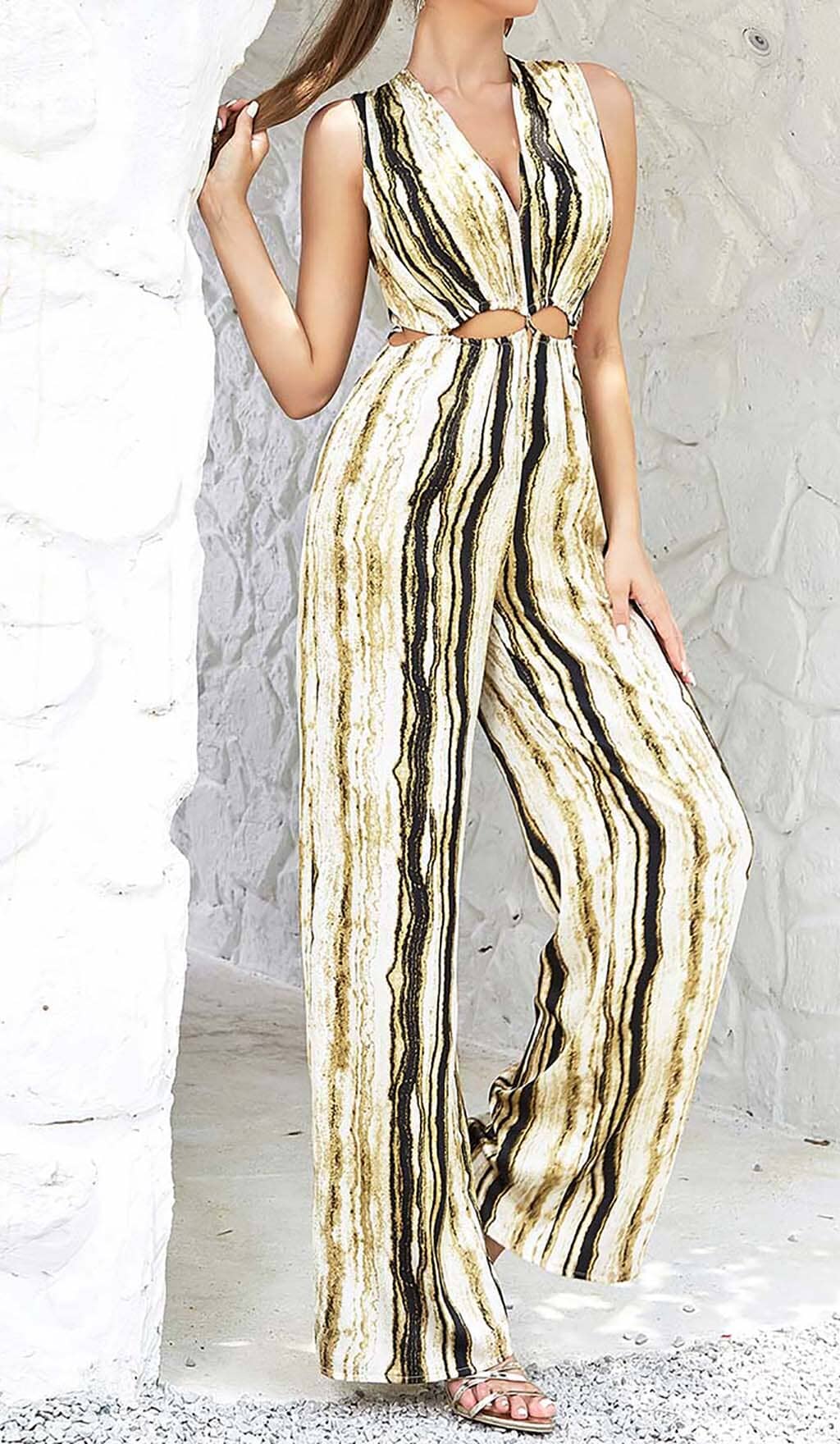 V-Neck Sleeveless Stripe Jumpsuit