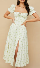 Vintage Floral Puff Sleeve Midi Dress In White