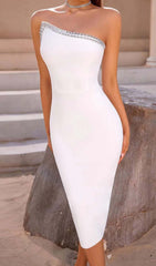 Crystal Cold Shoulder Midi Dress In White