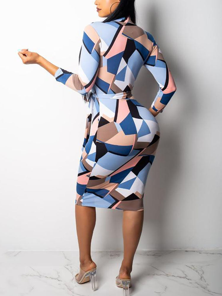 Zipper Front Geometric Print Midi Dress