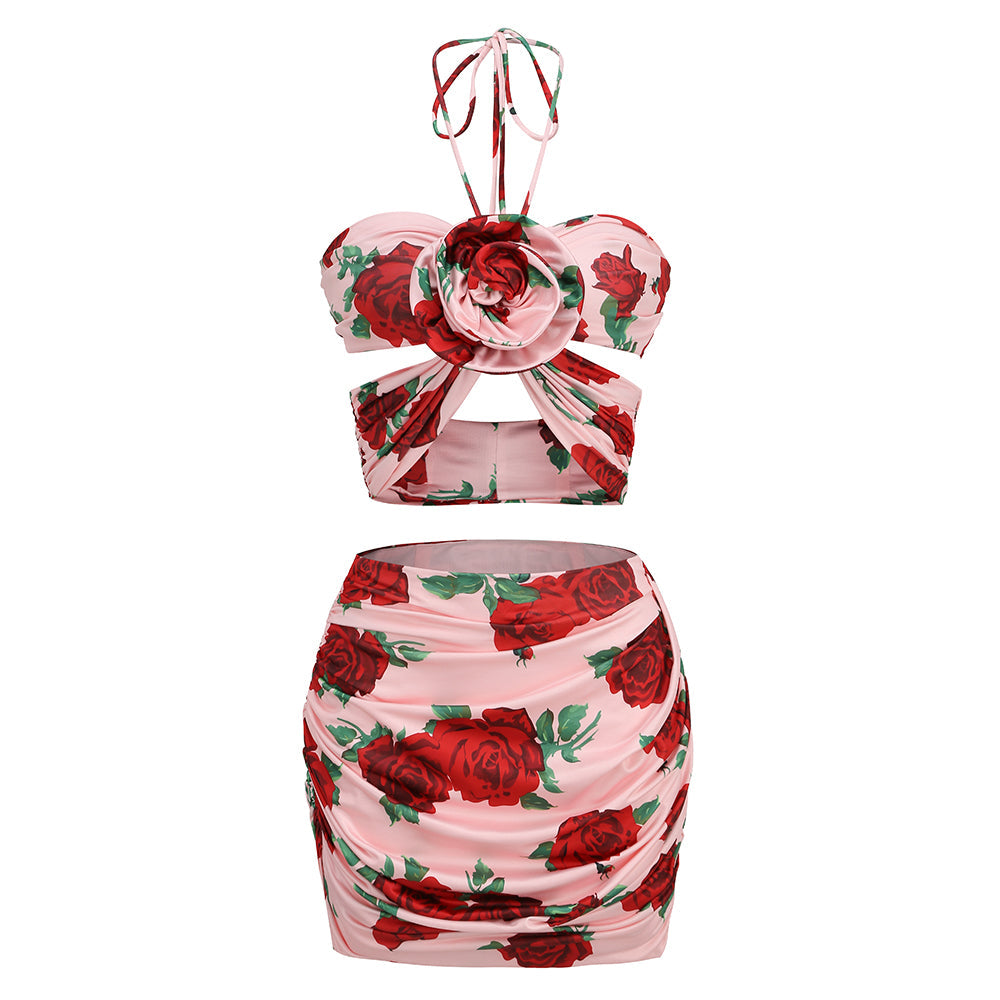 HalterNeck Rose Printed Skirt Set