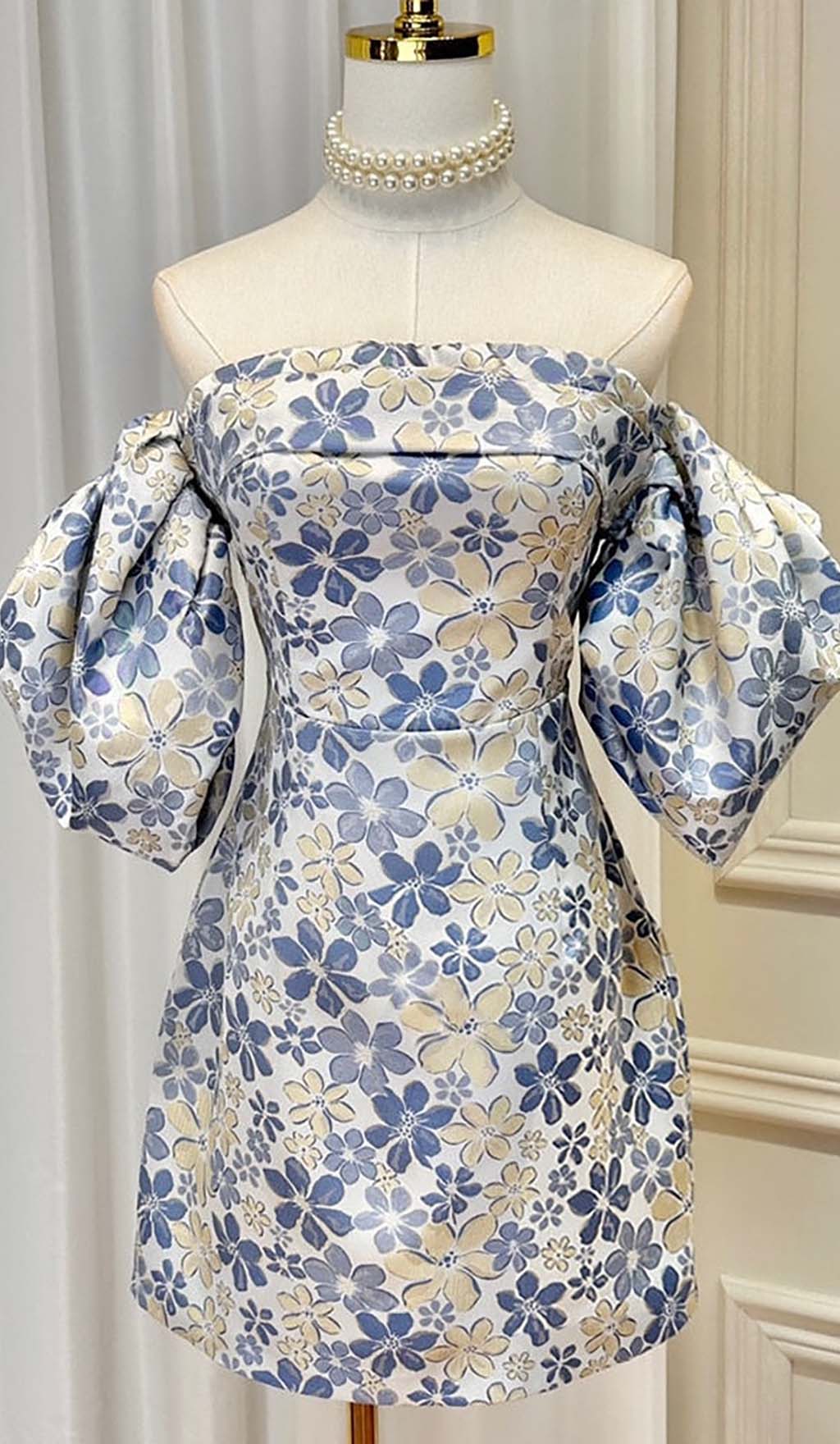 Puff Floral Print Mini Dress In Blue