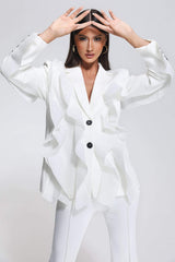 White V Neck Ruffle Blazer