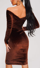 Brown Off Shoulder Velvet Midi Dress