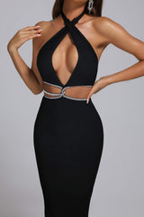 Halter Rhinestone Midi Bandage Dress