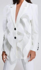 White V Neck Ruffle Blazer