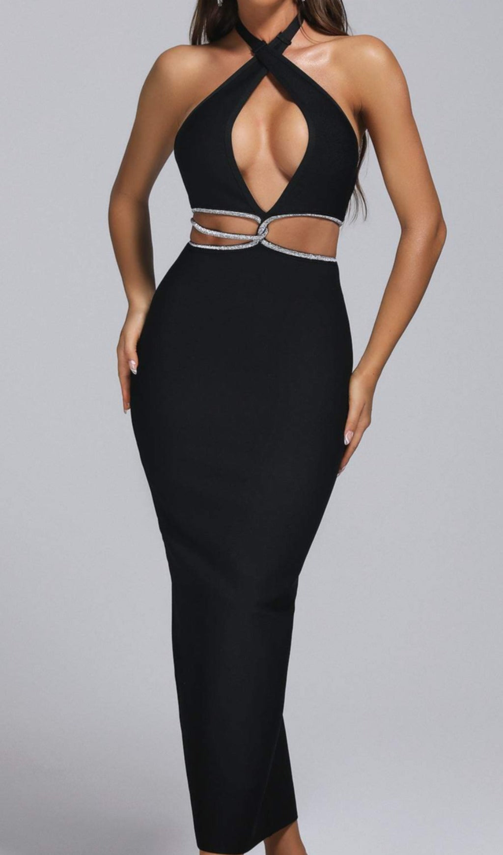 Halter Rhinestone Midi Bandage Dress