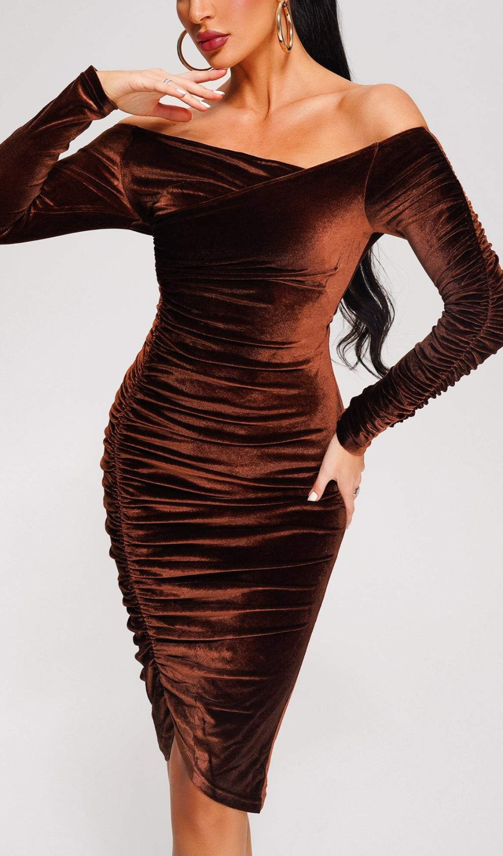 Brown Off Shoulder Velvet Midi Dress