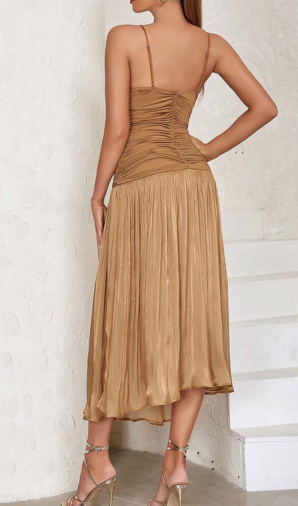 Pleated Strappy Midi Dress In Brown